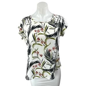 Ann Taylor Women's White Multicolor Floral Leaves Short Sleeve Blouse Top Size S